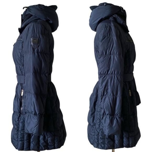 ADD DOWN Size 4 Navy Blue Puffer Belted Coat Detachable Snap Button Hood - Picture 2 of 16